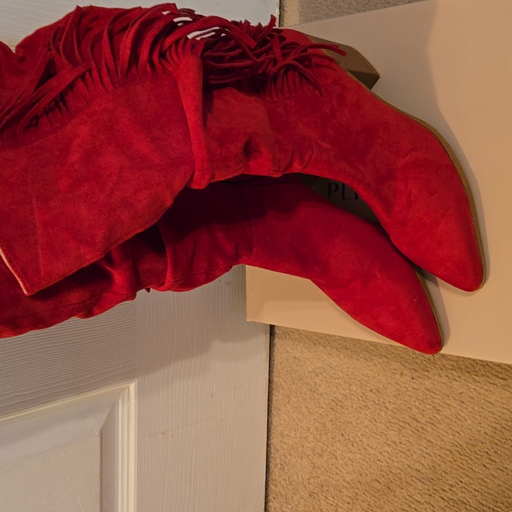 Journee Collection Red Suede-Like Fringe Boots